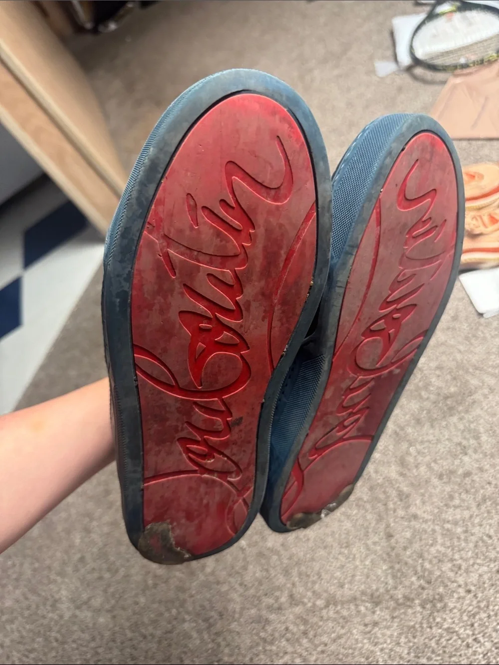 Men's Louboutins Navy Suede Low-Top Sneakers with Red Lining